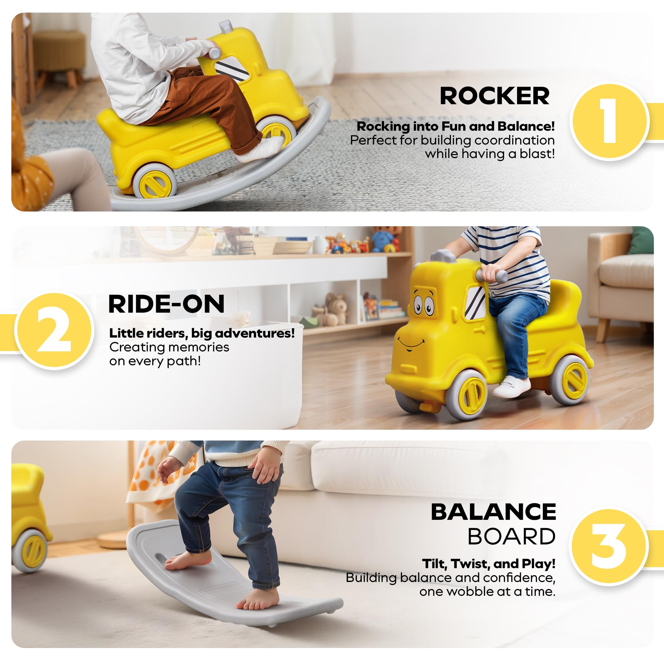 Happy Bear 3-in-1 Rock and Roll Ride-On | Push Car for 1 – 5 Years | Rocking Horse for Toddlers | Balance Board | Safe, Sturdy & Fun Indoor Toy - Yellow - Image 3 thumbnail
