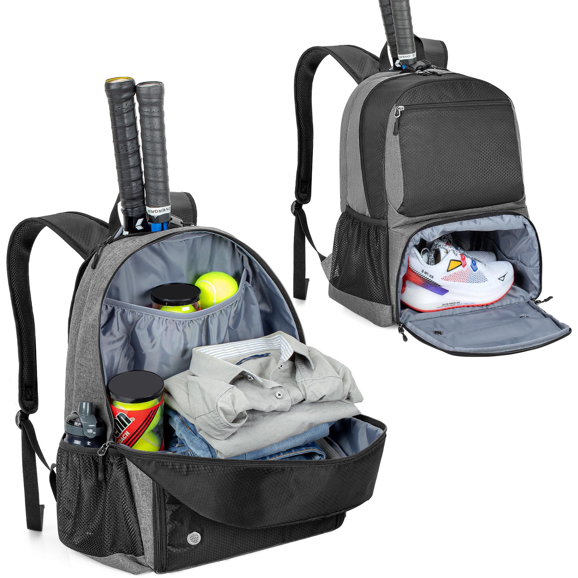 DSLEAF Sac de Tennis Peut Contenir 2 Raquettes, Sac à Dos avec Compartiment à Chaussures Ventilé Séparé pour Les Sports de Tennis/Pickleball/Badminton/Squash (Version Améliorée)