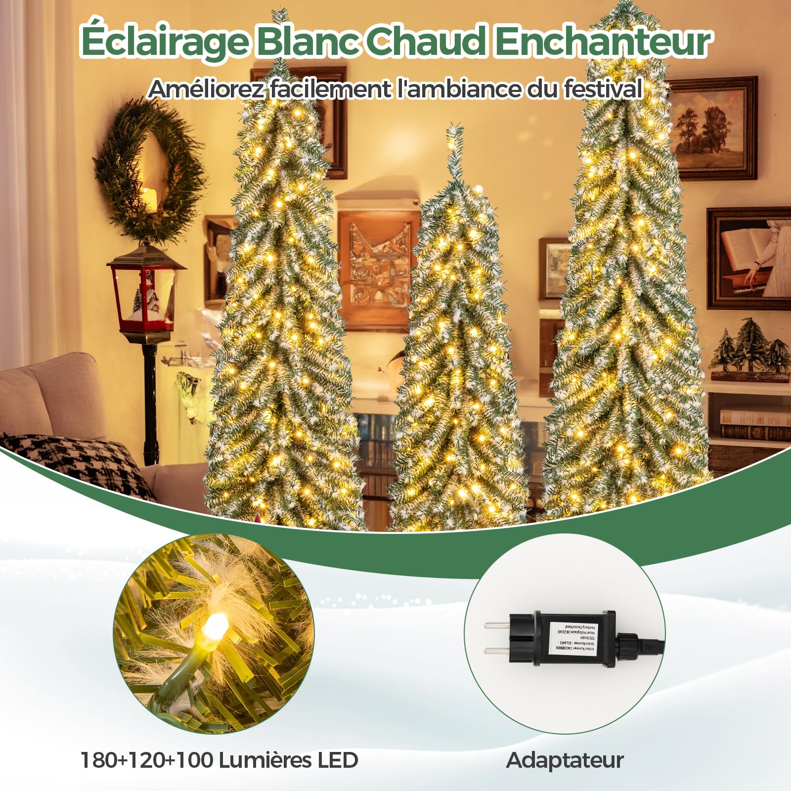 COSTWAY Lot de 3 Sapins de Noël Artificiels de 90 cm/120 cm/150 cm, Sapin de Noël Enneigé avec 129/231/369 Branches en PVC et 50/100/150 Lumières LED Blanc Chaud (Vert, 120+150+180 cm)