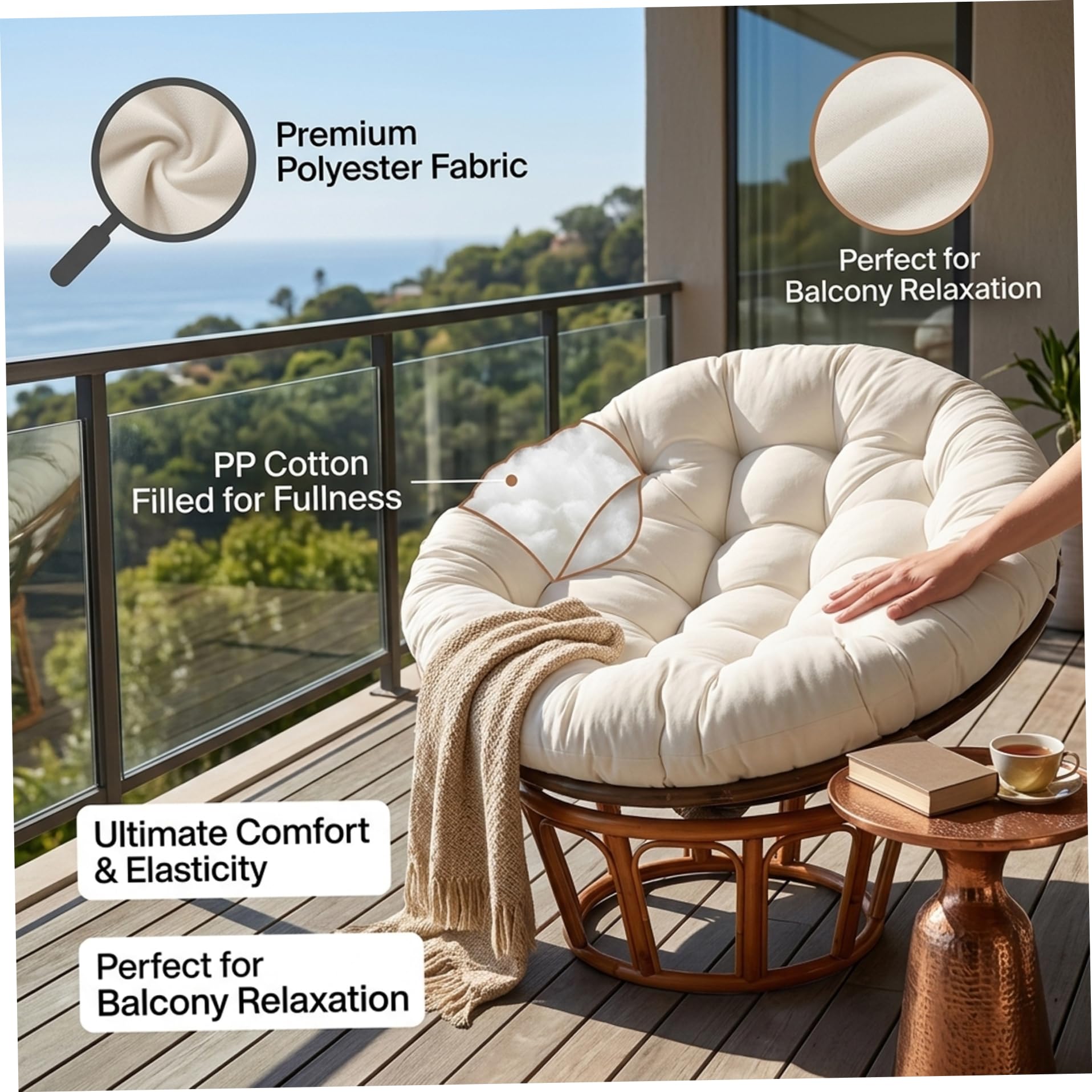 Coussin Papasan Coussin Papasan d'extérieur en Peluche résistant à l'eau avec Rembourrage en Coton PP épais pour chaises suspendues, balançoires et bascules (Beige 20 Pouces)