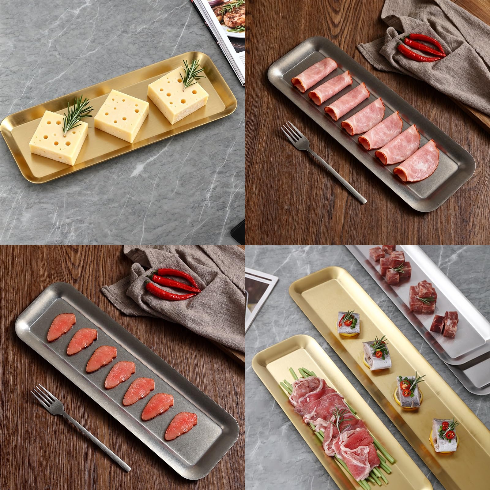 Bandejas Acero Inoxidable, Bandejas Decorativas para Servir Comida para Servir Alimentos, Plantas en Maceta, Joyas y Entradas(Silver,60x12.5 cm/24x5 in)