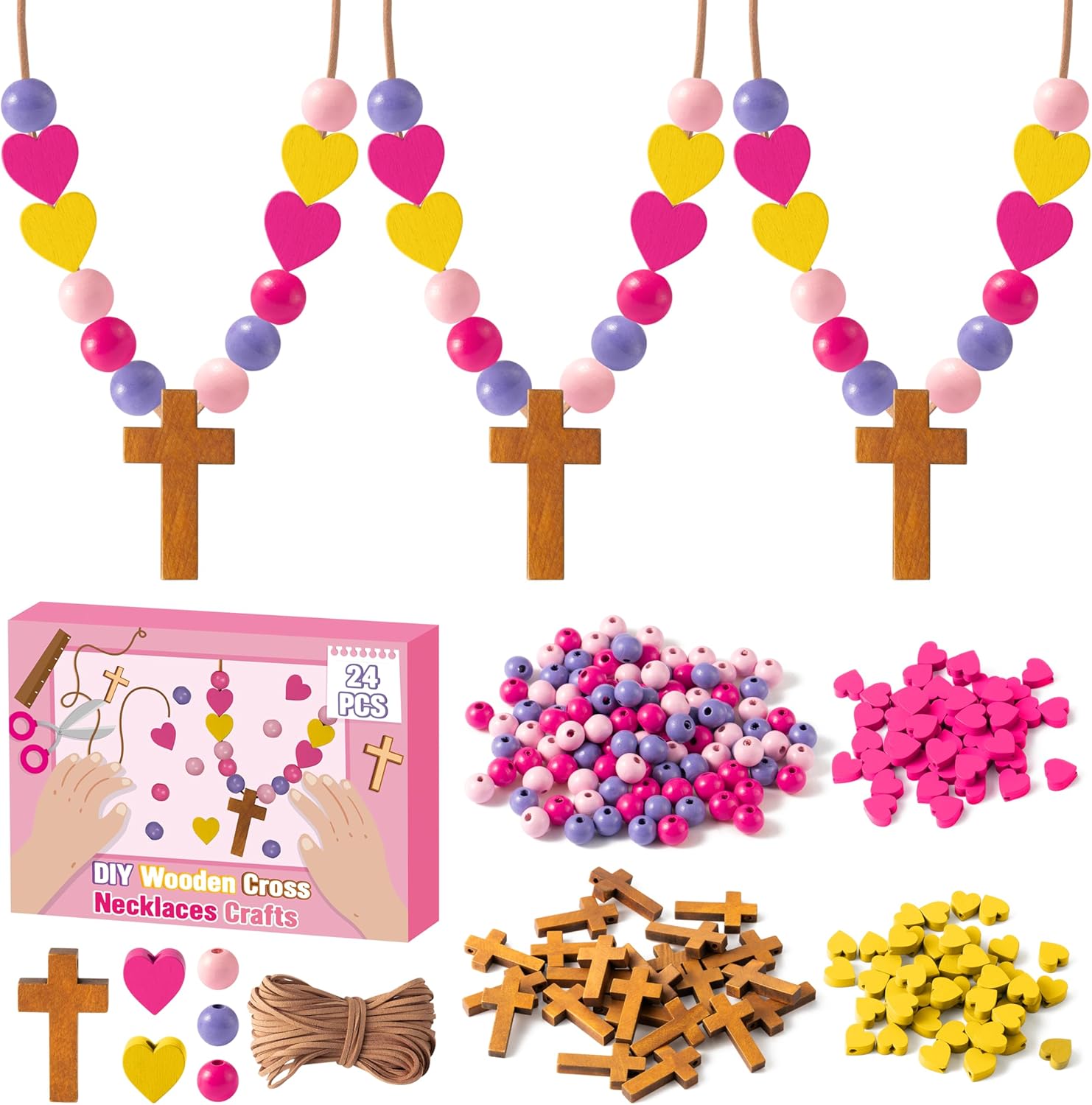 BeYumi Religious Cross Necklace Craft - 24Pcs Christian Wooden Cross Beads Necklace Craft Kit for Kids DIY Jewelry Gift Jesus Heart Decor VBS Week Sunday School Church Classroom Party Fun Activities
