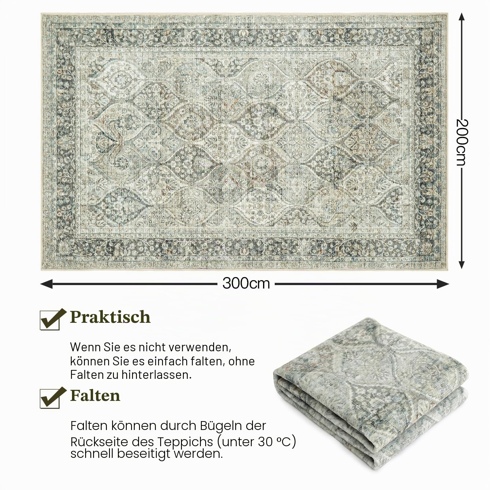 Wohnzimmerteppich, waschbarer Teppich, großer Teppich, 200 x 300 cm, Grün, Vintage-Teppiche