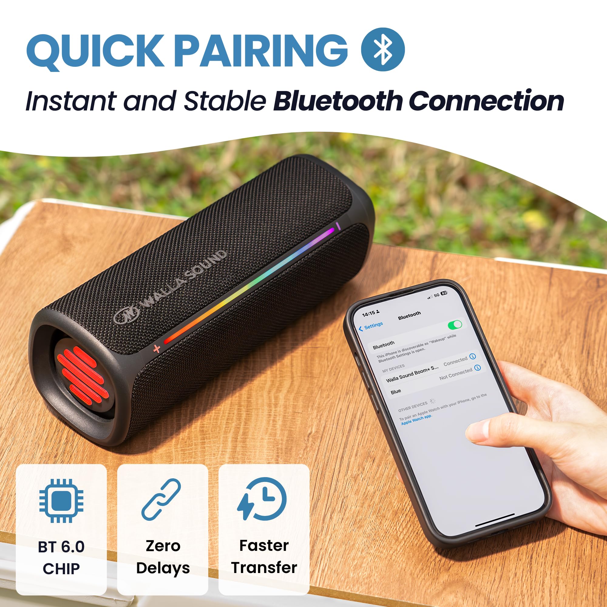 Altoparlante Bluetooth portatile Walla Boom+ - Audio ad alta potenza da 20 W, impermeabile IP67, accoppiamento TWS, ricarica USB-C, 8 ore di riproduzione, Bluetooth 6.0, progettato per interni ed