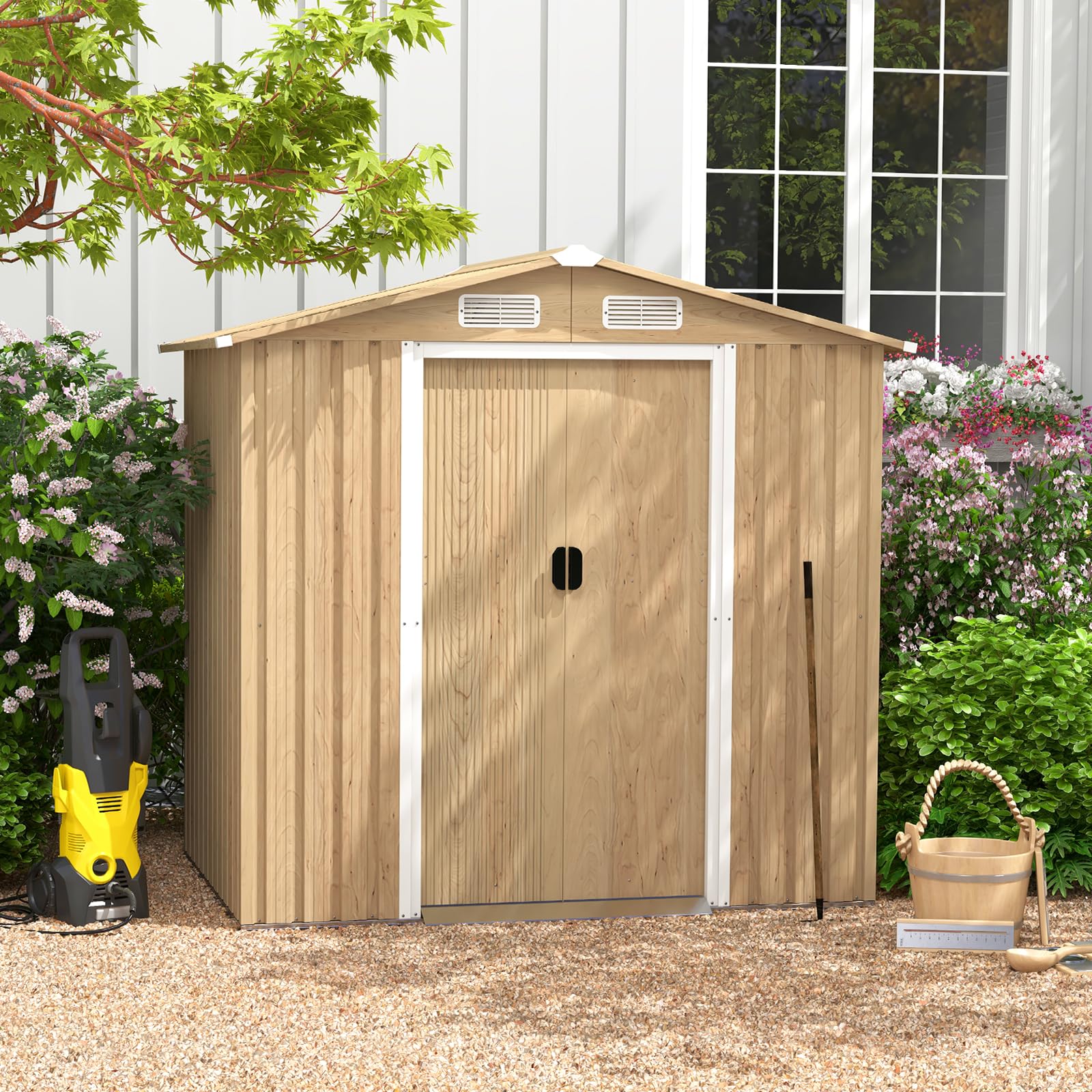 COSTWAY Casetta da Esterno 2,34㎡ Capanno Porta Attrezzi Lamiera Acciaio Zincata 196 x 142 x 186 cm