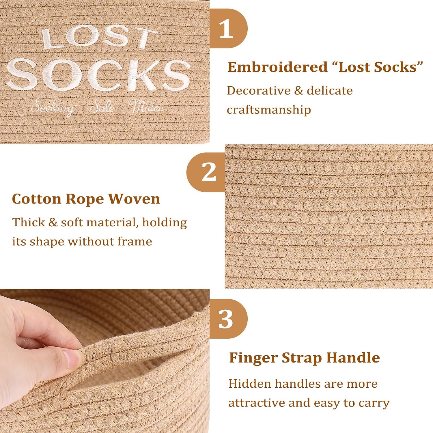 Lost Socks Basket for Laundry Room, Boho Cotton Rope Storage Bins