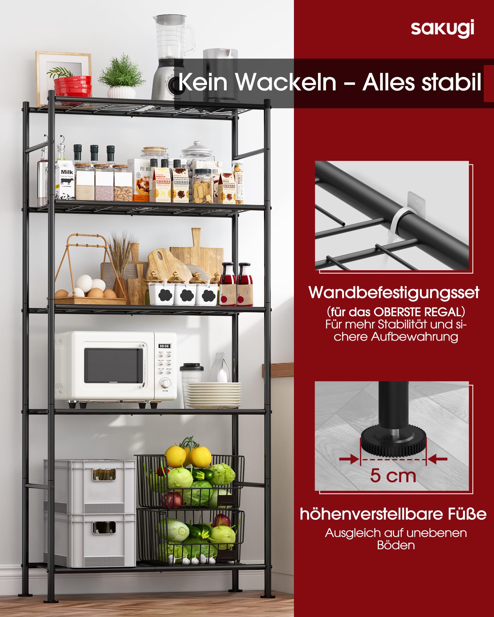 Sakugi Regal 5-stöckig 183cm - Schwerlastregal Für Küche & Garage Schwarz