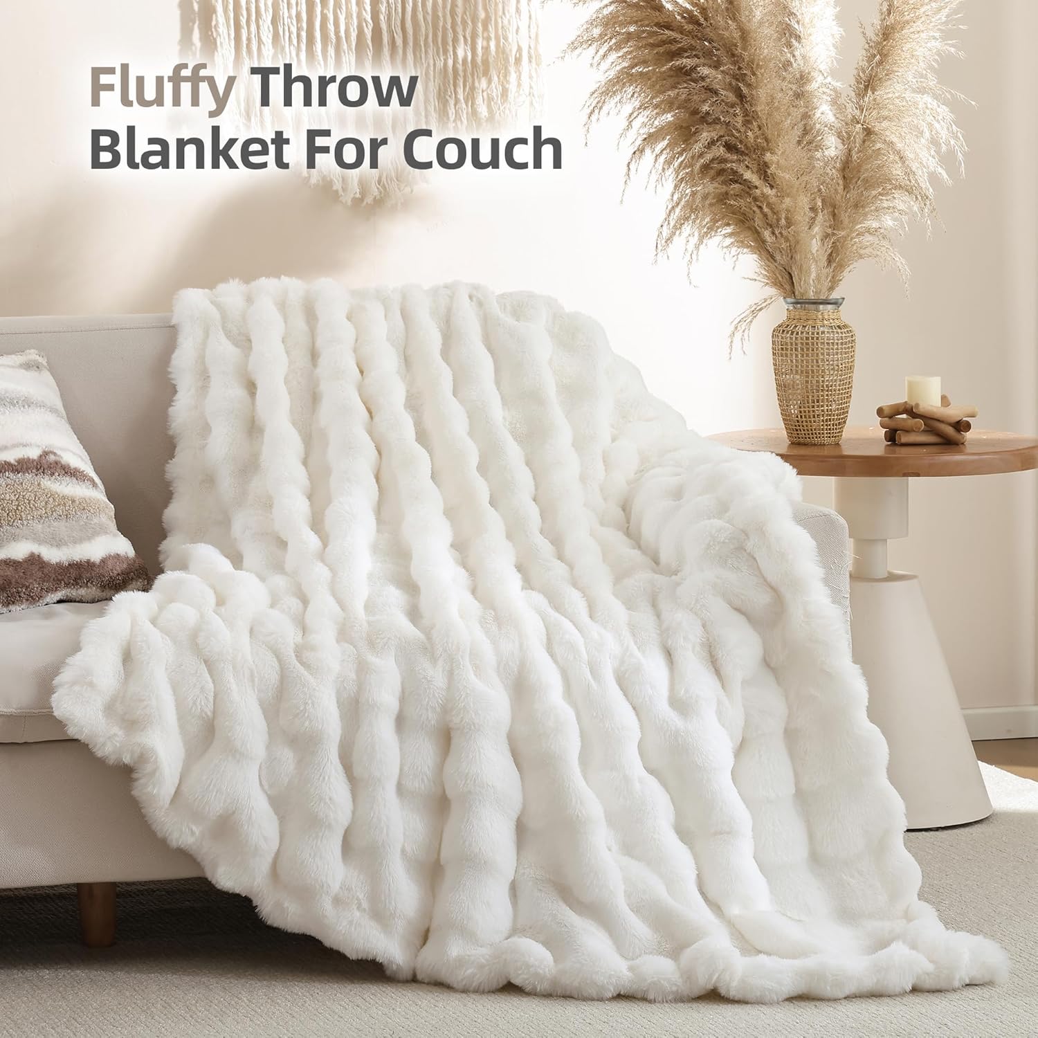 Smoofy Faux Fur Throw Blanket for Couch – Cream White Fluffy Cozy Rabbit Fleece, Plush Soft Bubble Blanket for Sofa & Bed, for Mom, Warm Fuzzy Home Room Decor Throw 60" x 80" - Image 3