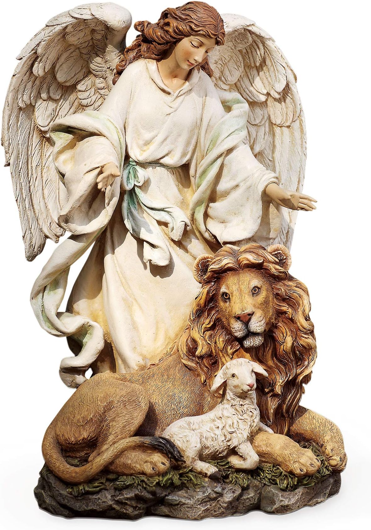 by Roman - Guardian Angel with Lion and Lamb Figure on Base, Renaissance Collection, 9.25" H, Resin and Stone, Religious Gift, Decoration