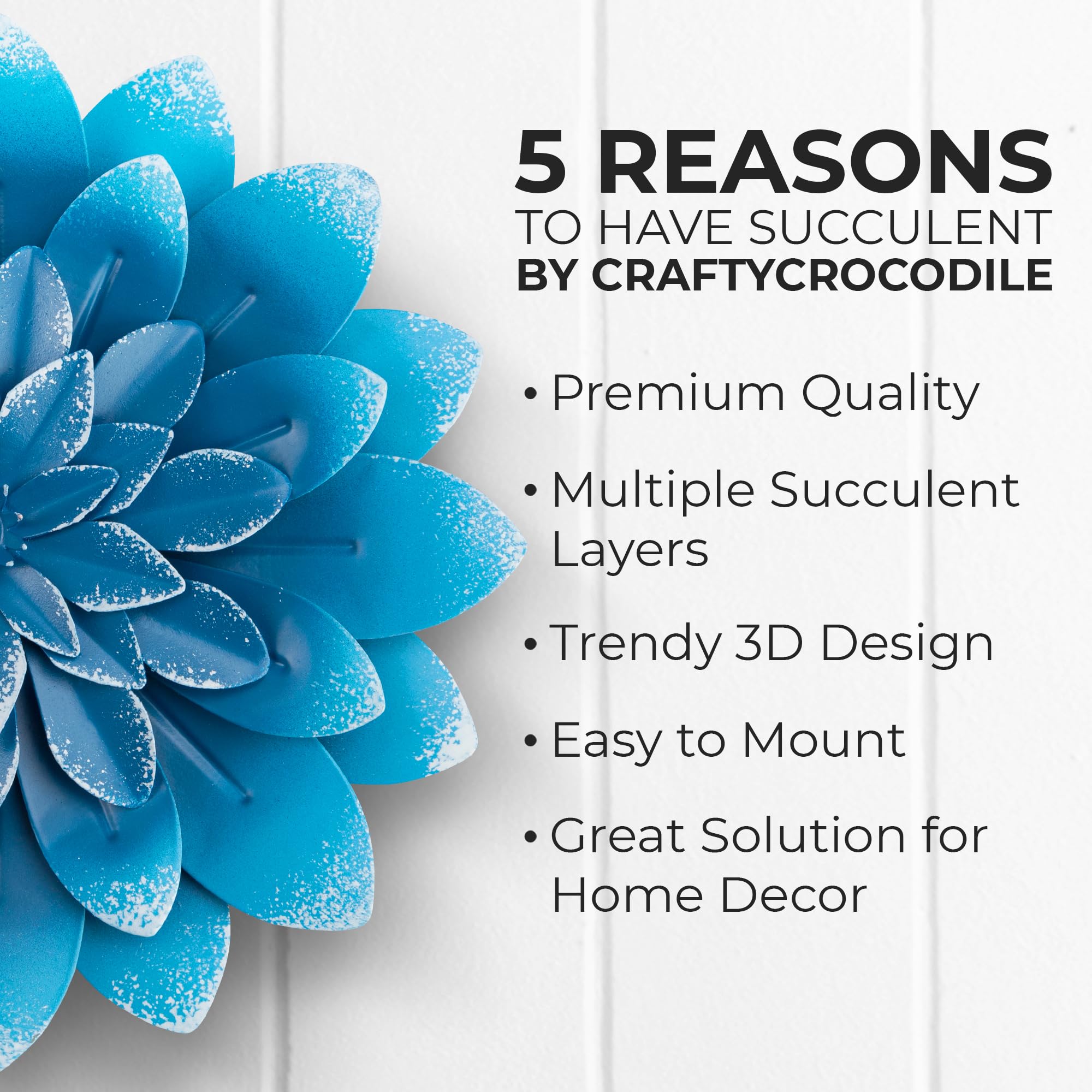 Decoración de pared de flores de metal suculentas, azul, pintadas a mano, decoración artística de flores 3D para sala de estar, dormitorio, cocina, baño, decoración floral para uso en 3