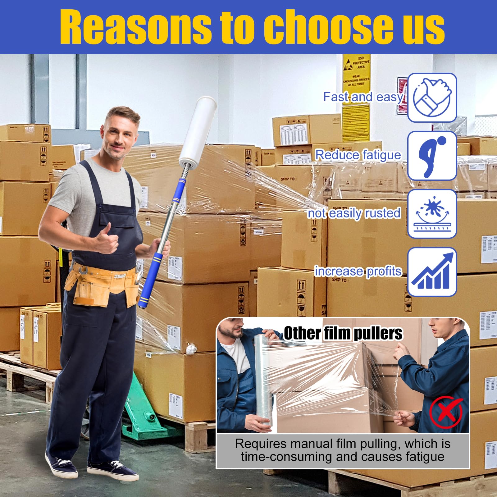 Dispenser estensibile per pallet con manico lungo, macchina imballatrice per film estensibile, supporto per asta per dispenser di film di larghezza 30-50 cm, rotoli da 3,8 cm a 7,6 cm di diametro