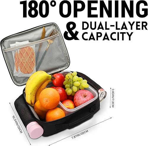 Miniatura 4 de Lonchera térmica para niños, bonita lonchera reutilizable para la escuela, picnic, regalos de cumpleaños para niños y niñas (negro)