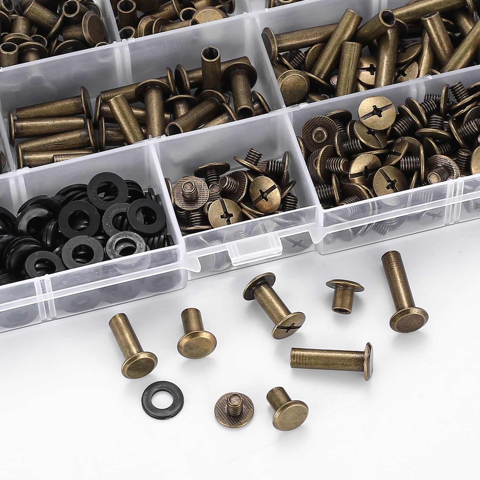 230 Pièces Vis De Reliure, Rivets De Reliure Chicago Avec Boîte De Rangement, Rivets Pour Cuir 5/6/8/10/12/15/18 Mm, Rivet à Tête Plate Pour Livre Scrapbooking Ceintures Portefeuille Sac à Dos