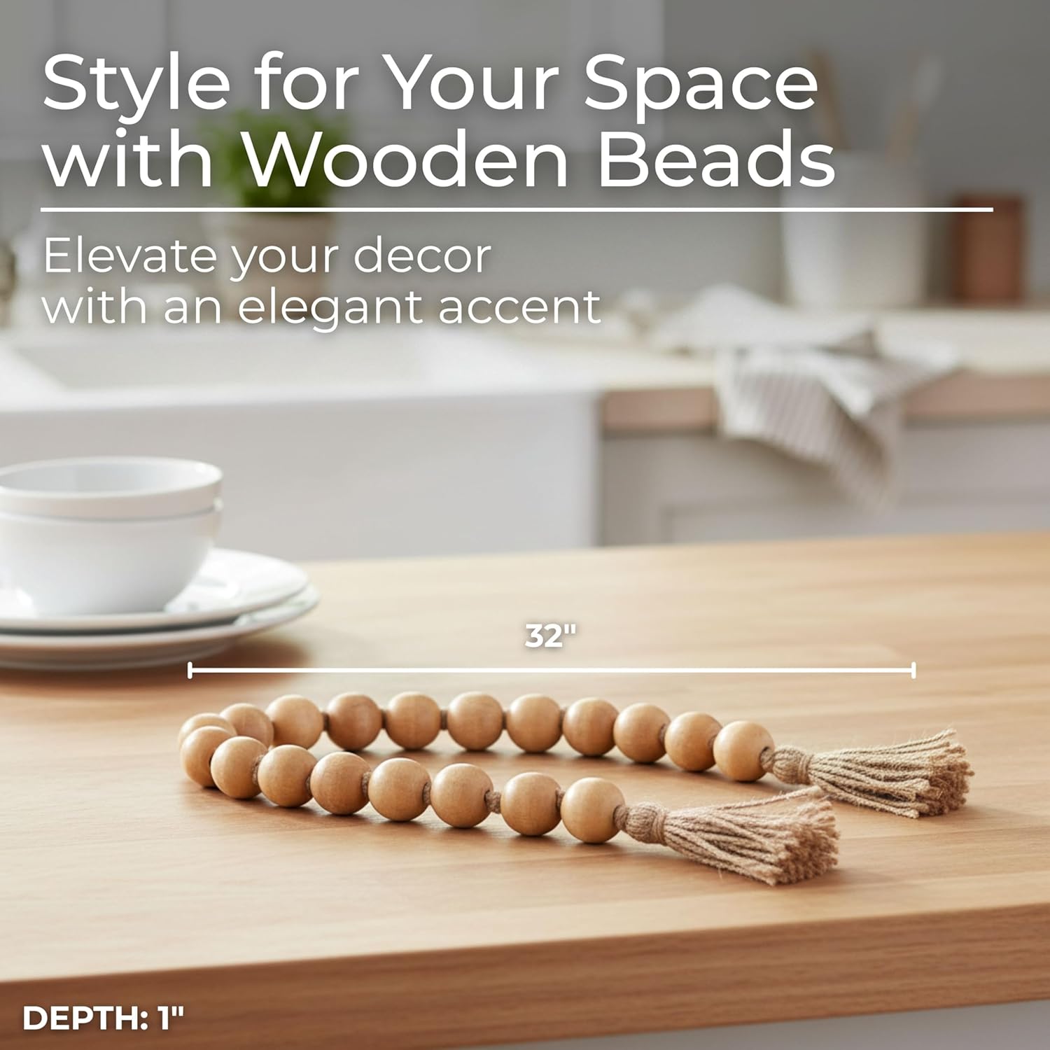 Wood Decorative Objects Bead Garland – Decorative Object Accent for Styling – Coffee Table or Shelf Display – Rustic Bead Tassels for Relaxed Accessories, Home Decor – 32", Brown