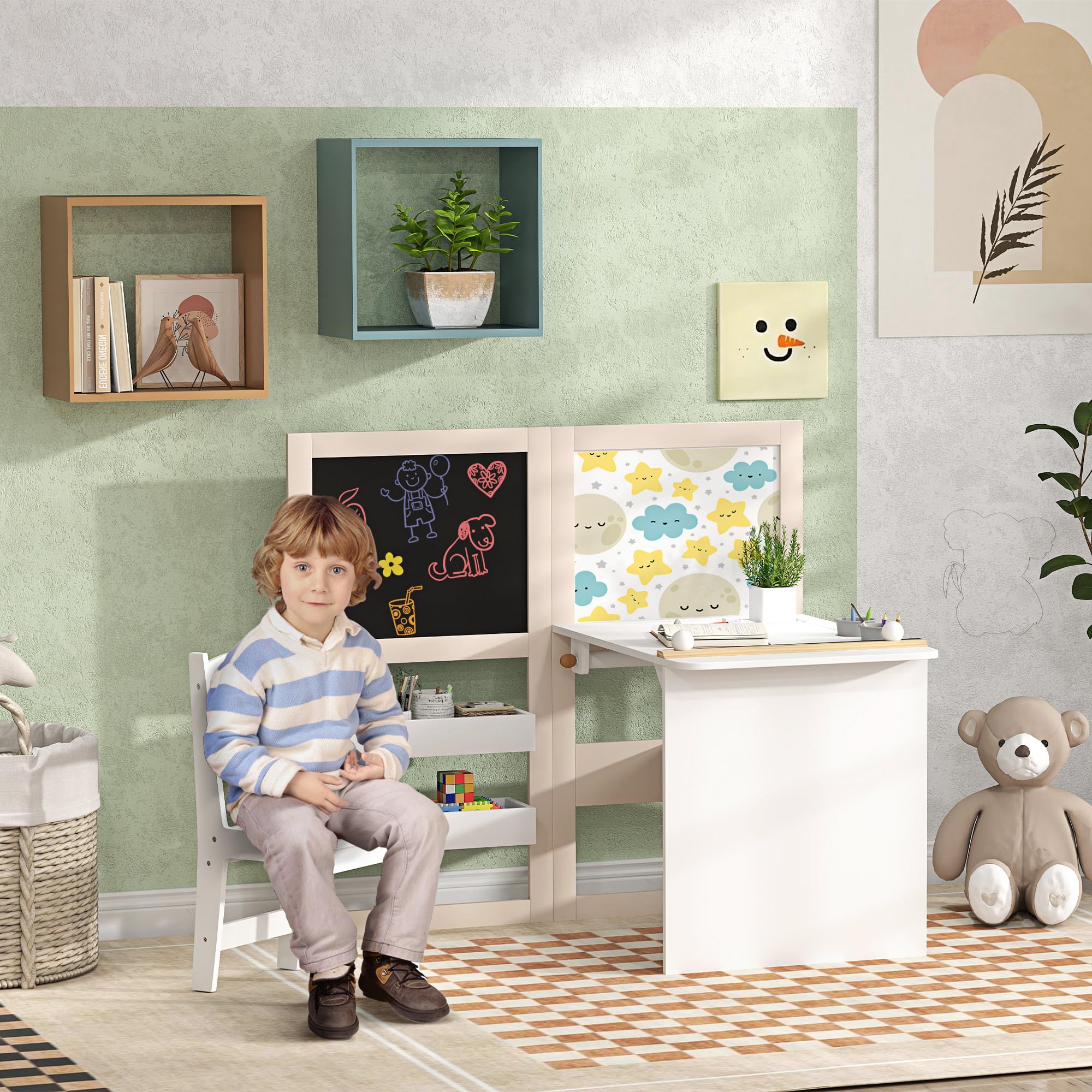 Qaba Kids 3 in 1 Art Table and Chair with Storage Shelves, Foldable Blackboard, Whiteboard & Roll Paper, Toddler Table and Chair Set for 3-8 Years, White