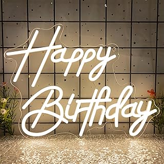 Happy Birthday Neon Signs for Party Decor Dimmable LED Birthday Neon Light for Wall Decor Light Up Happy Birthday Led Signs for Backdrop Birthday Any Ages Bday Celebration Decoration, Warm white