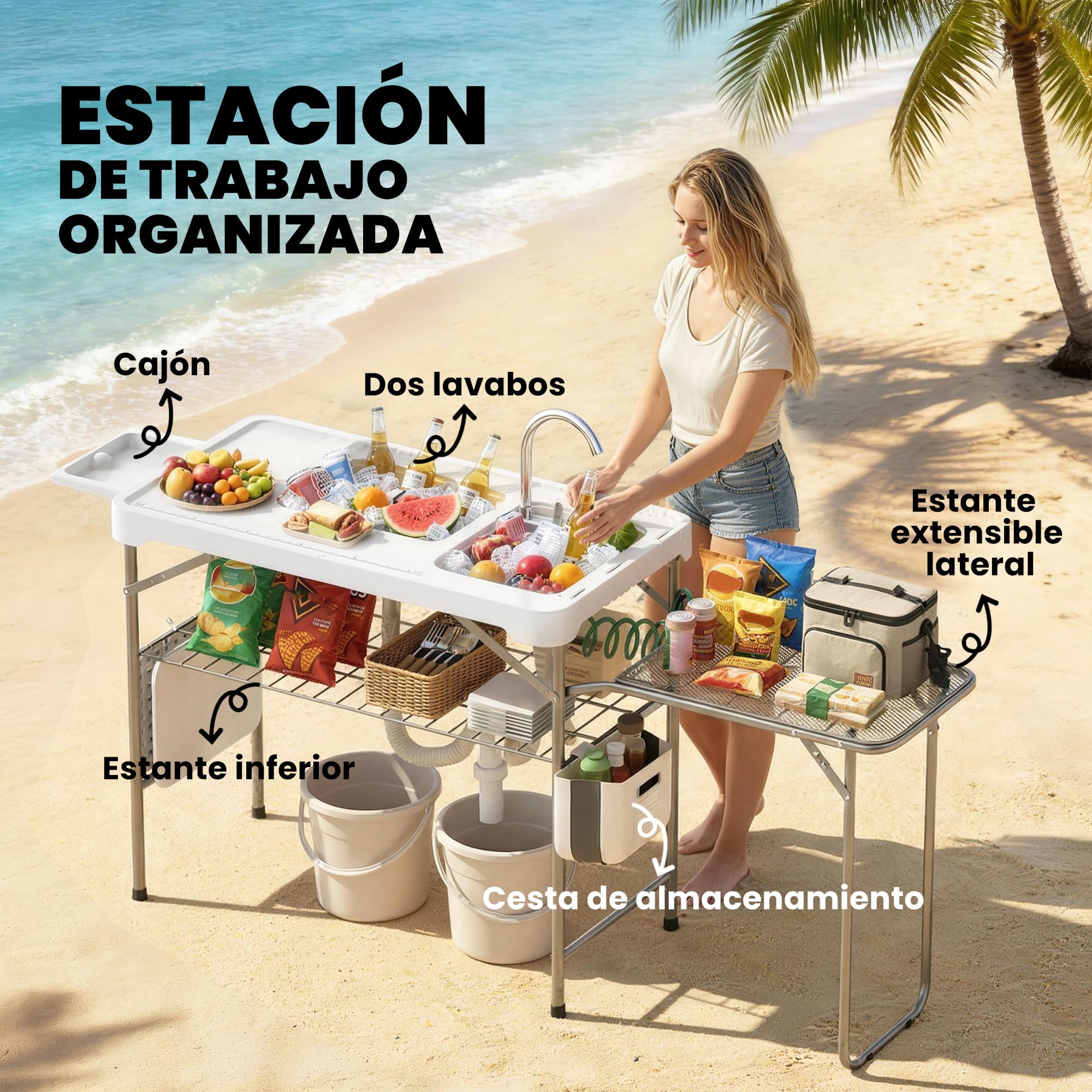 Outsunny Table de Nettoyage Portable pour Poisson, Table Pliante de Camping avec 2 éviers, Robinet, Tuyau, étagère latérale, Grille, tiroir, Panier, règle, rainures, Station de Nettoyage pour la