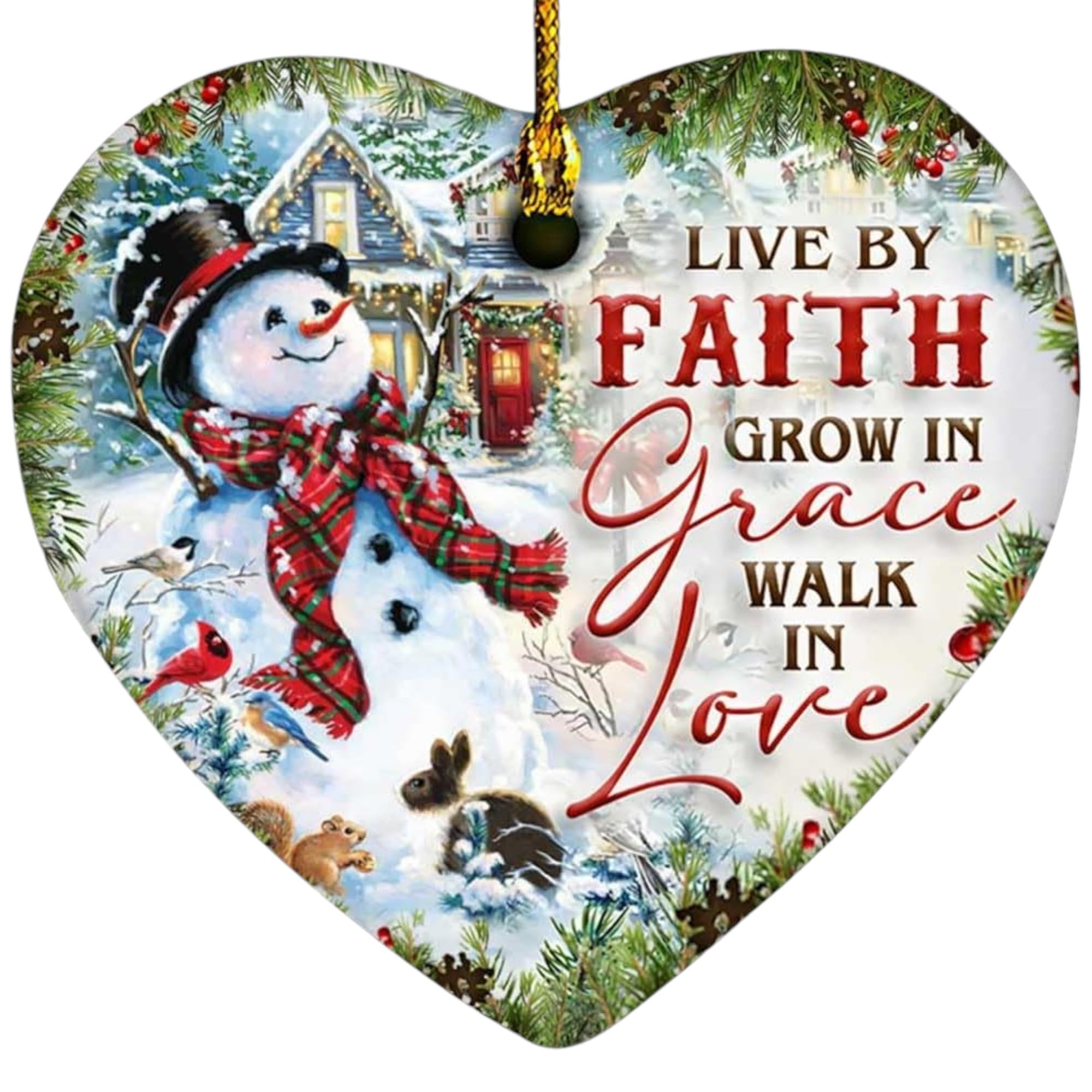 Sportyzen 2024 Christmas Ornament - Inspirational Snowman Ceramic Ornament - Live by Faith, Grow in Grace, Walk in Love, Keepsake for Faithful Celebrations, for Family, Friends