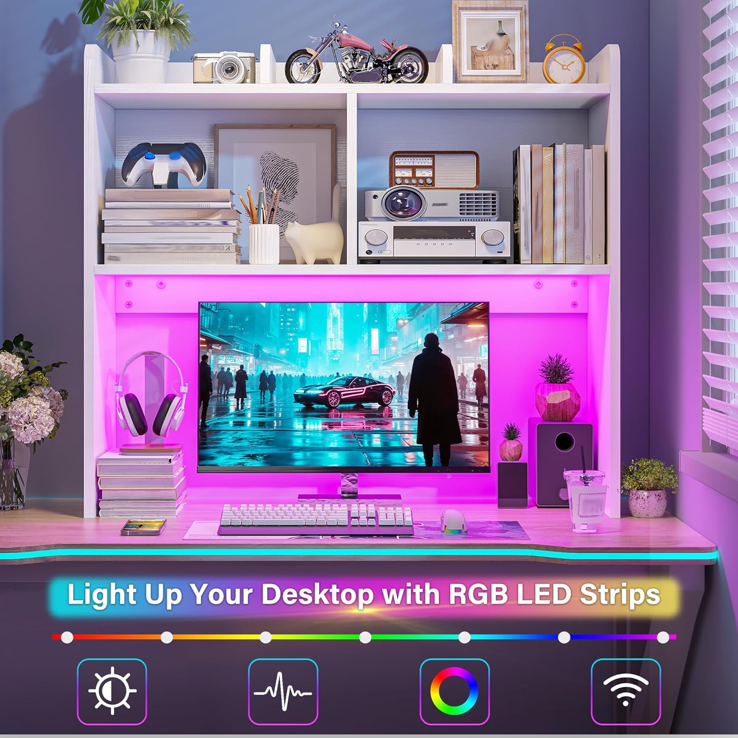 REIBII Desk Hutch Dorm for Computer Monitor Up to 27", Dorm Desk Hutch Top Only with RGB Light Strip, Wooden Desktop Bookshelf with 6 Shelves, 3-Tier Desktop Shelf for Home Office Dorm, White