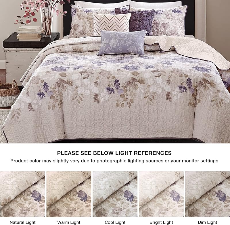 Madison Park Modern Floral Coverlet Breathable Taupe Queen Quilt Set, 6pc image 2