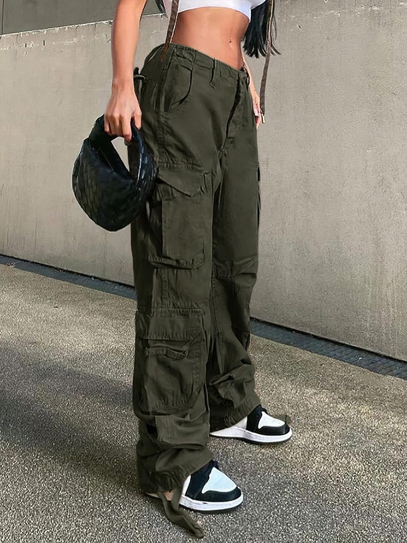 CLOAKA Pantalon cargo Y2k pour femme - Pantalon cargo ample en coton - Taille haute - Avec poches - Streetwear