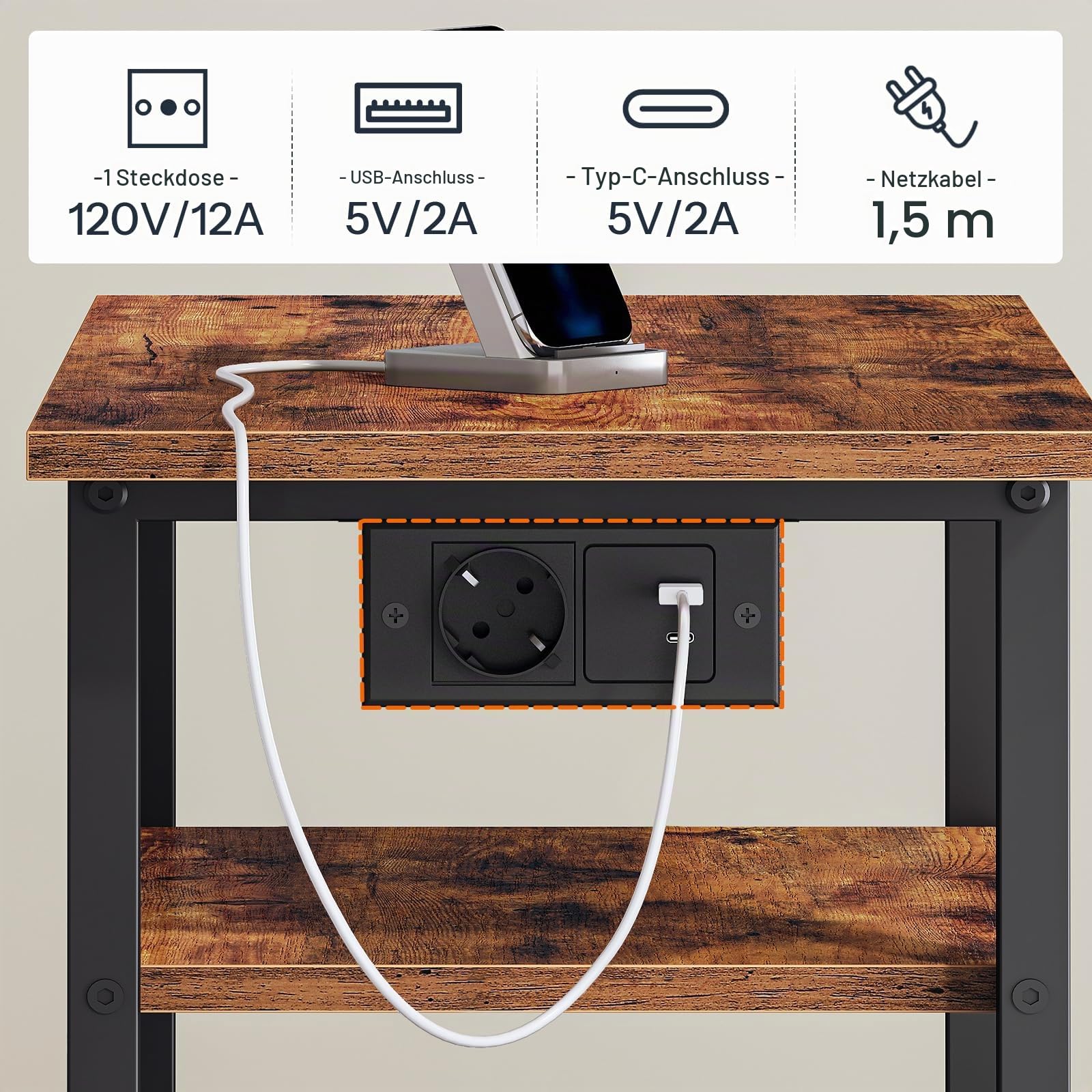 HOOBRO Druckertisch mit Rollen, Druckerständer, 4-stufiger Druckerwagen, Druckerregal mit Schublade, Steckdose, USB-C- und USB-A-Anschlüssen, für Homeoffice, Vintagebraun und Schwarz EBF17CPS01