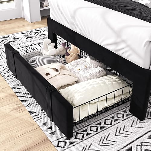 Miniatura 158 de VECELO Base de cama de tamaño matrimonial con cabecera tapizada ajustable, plataforma de listones de madera, diseño sin ruido, fácil montaje Negro