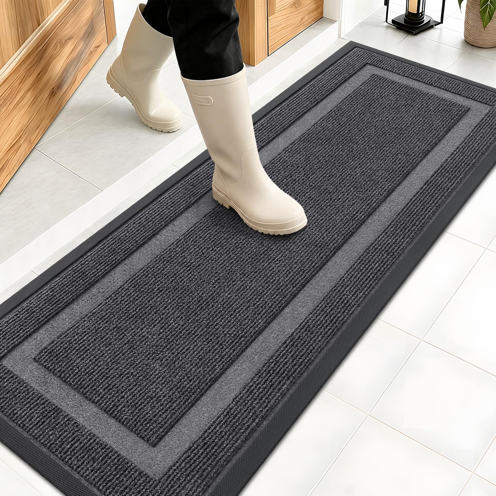 OLANLY Front Door Mat Outside 47x17, All-Season Heavy-Duty Rubber Doormat | Grey, Absorbent, Stain and Fade Resistant, Waterproof Non-Slip Backing, Low-Profile Indoor Outdoor Floor Mat for Entryway