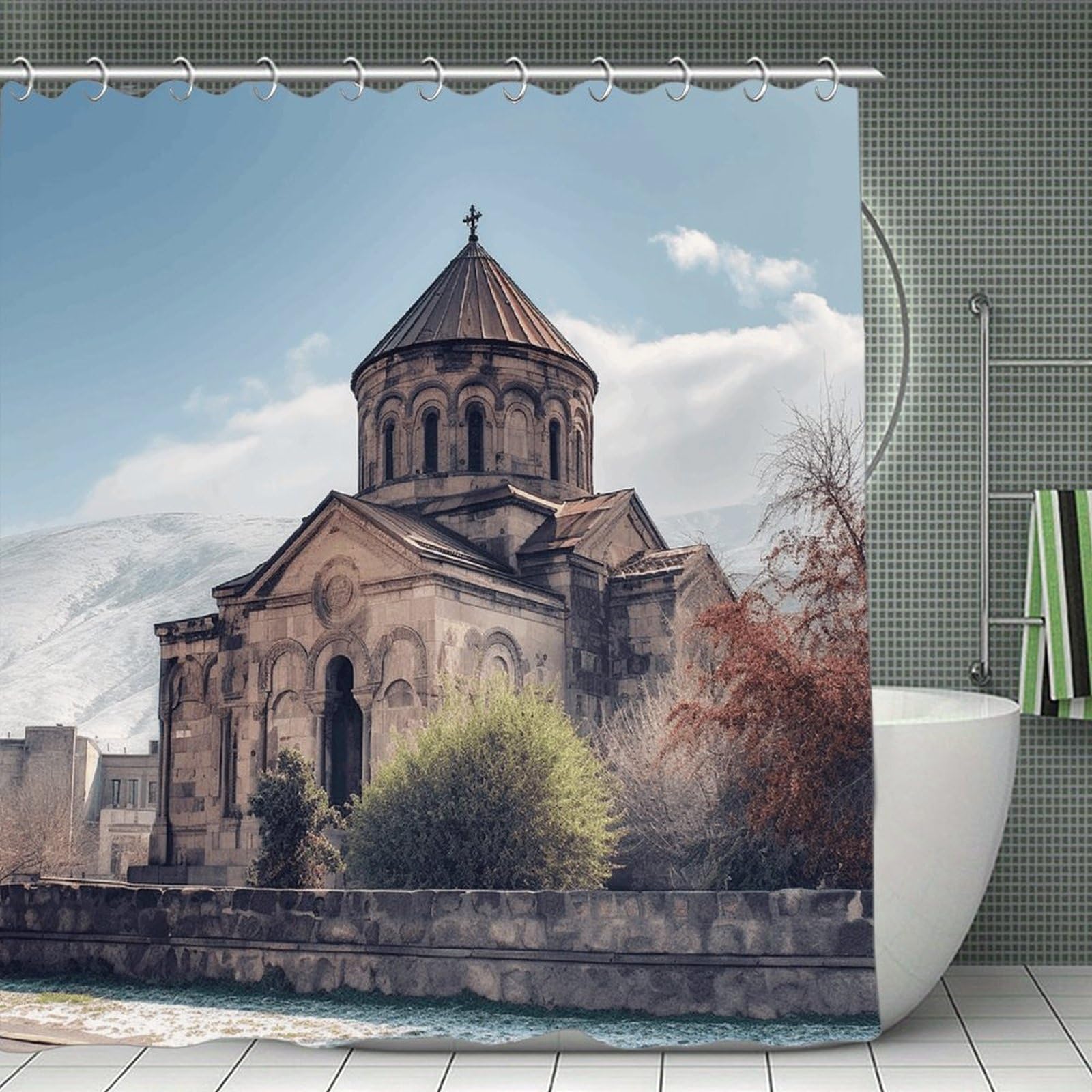 VstaDank Armenian Church Bath Curtain Elegant Heavy Duty Shower Curtains 70x70 in Rustic Farmhouse Cloth Shower Curtains Neutral Modern Bath Curtain for Bathroom