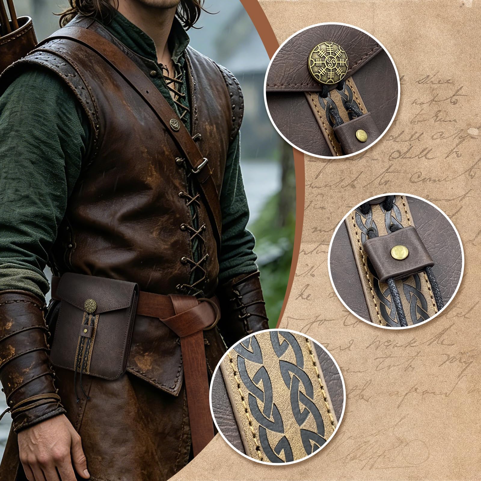 HiiFeuer Średniowieczna torba na pasek ze sztucznej skóry, Średniowieczna saszetka na pas, przenośna saszetka boczna do LARP Ren Faire (brązowa A)