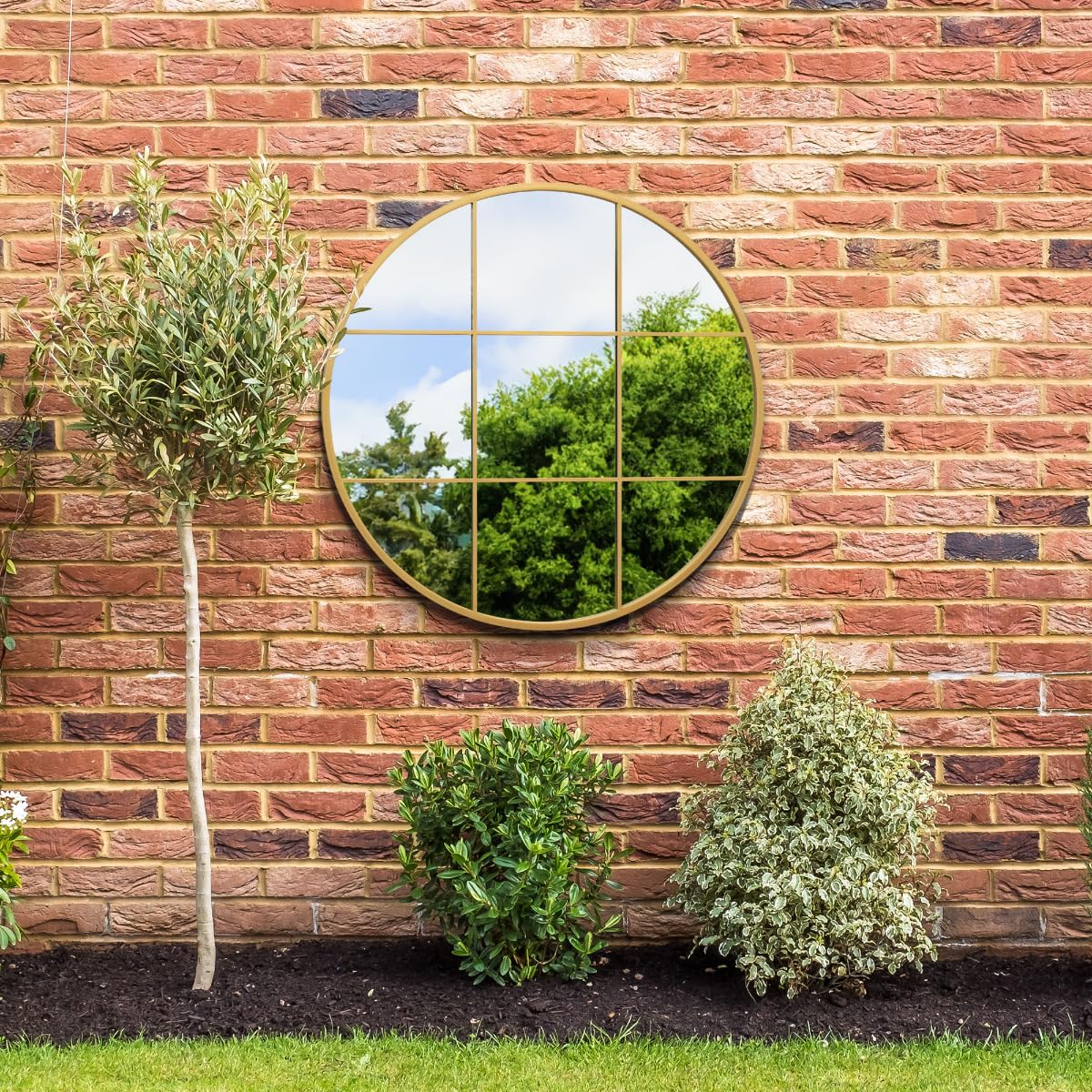 MirrorOutlet The Circulus - Solid Gold Metal Framed Window Modern Round Circular Garden Wall Mirror 39" X 39" (100CM X 100CM) Silver Mirror Glass with Black All weather Backing.