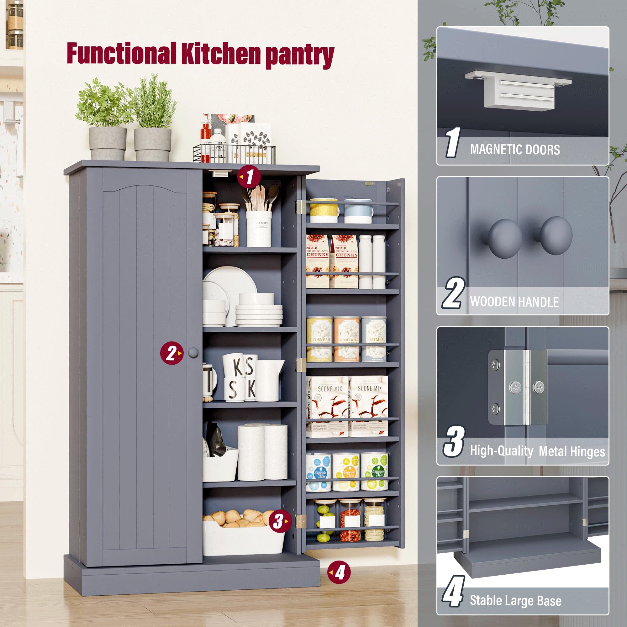 Gabinete para despensa de cocina para almacenamiento de alimentos, de doble puerta y 6 estantes, gabinete para almacenamiento de porcelana de ahorro de espacio (gris, 41 de alto) 4