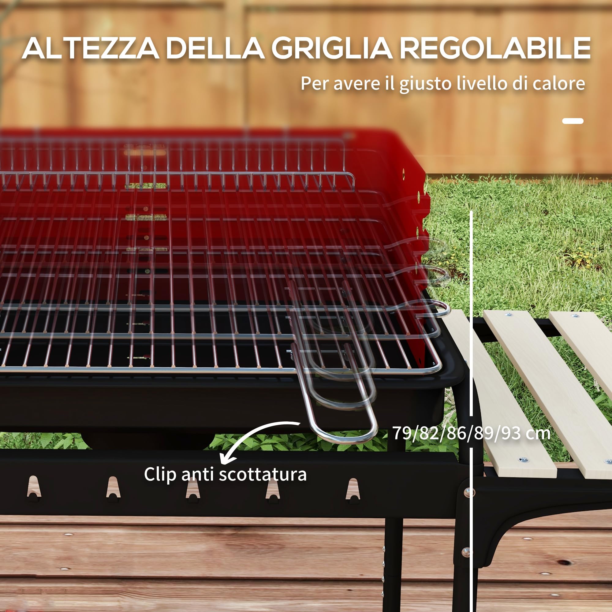 Outsunny Barbecue a Carbonella con Ruote, Griglia Regolabile, 3 Ripiani, 103x47x95 cm, Rosso
