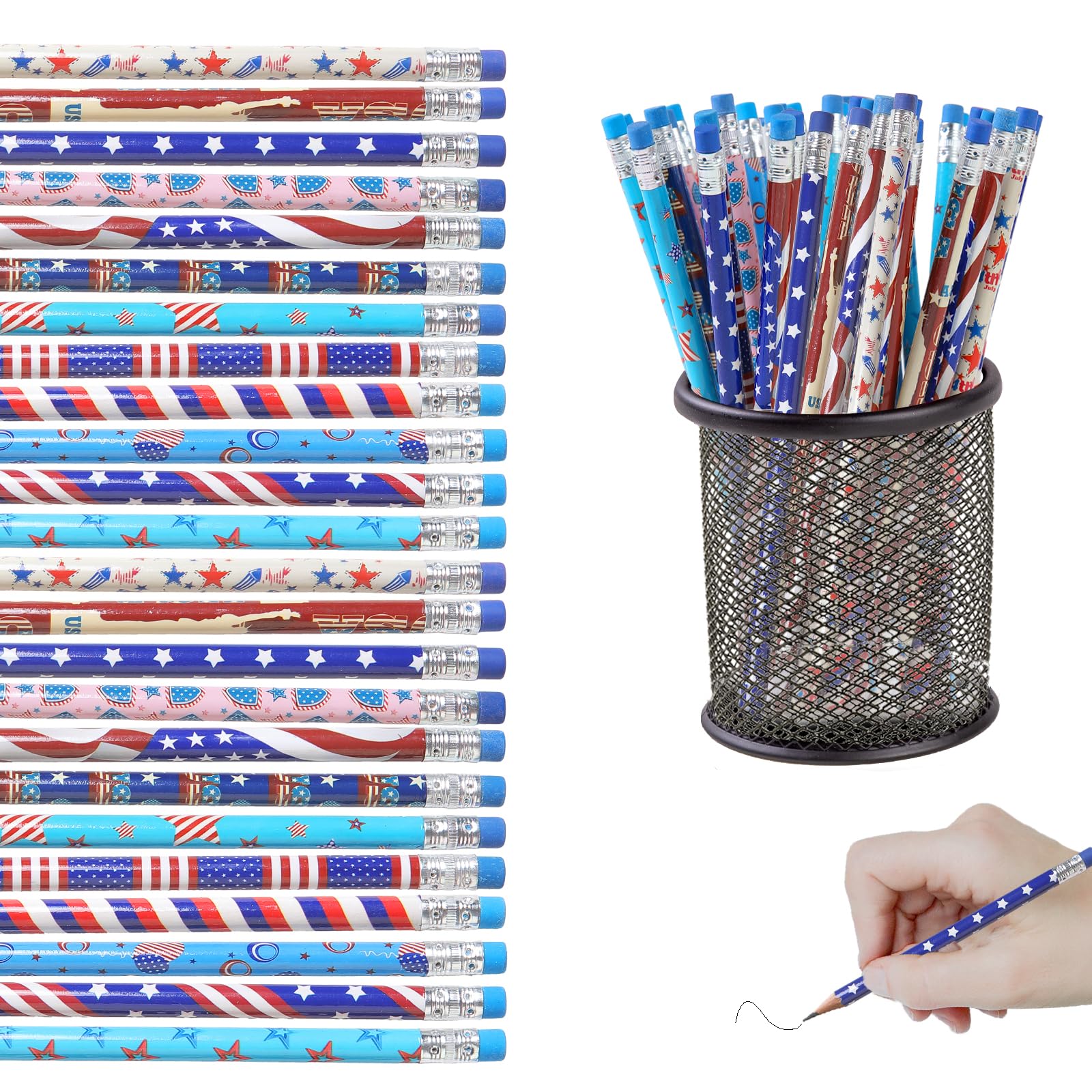 36pcs 4th of July Patriotic Pencil, Assorted Pattern Colored Pencil with Erasers Colorful Patriotic Stationery Pencils for Independence Day Gift Prize Party Favor Office Supply Classroom Reward
