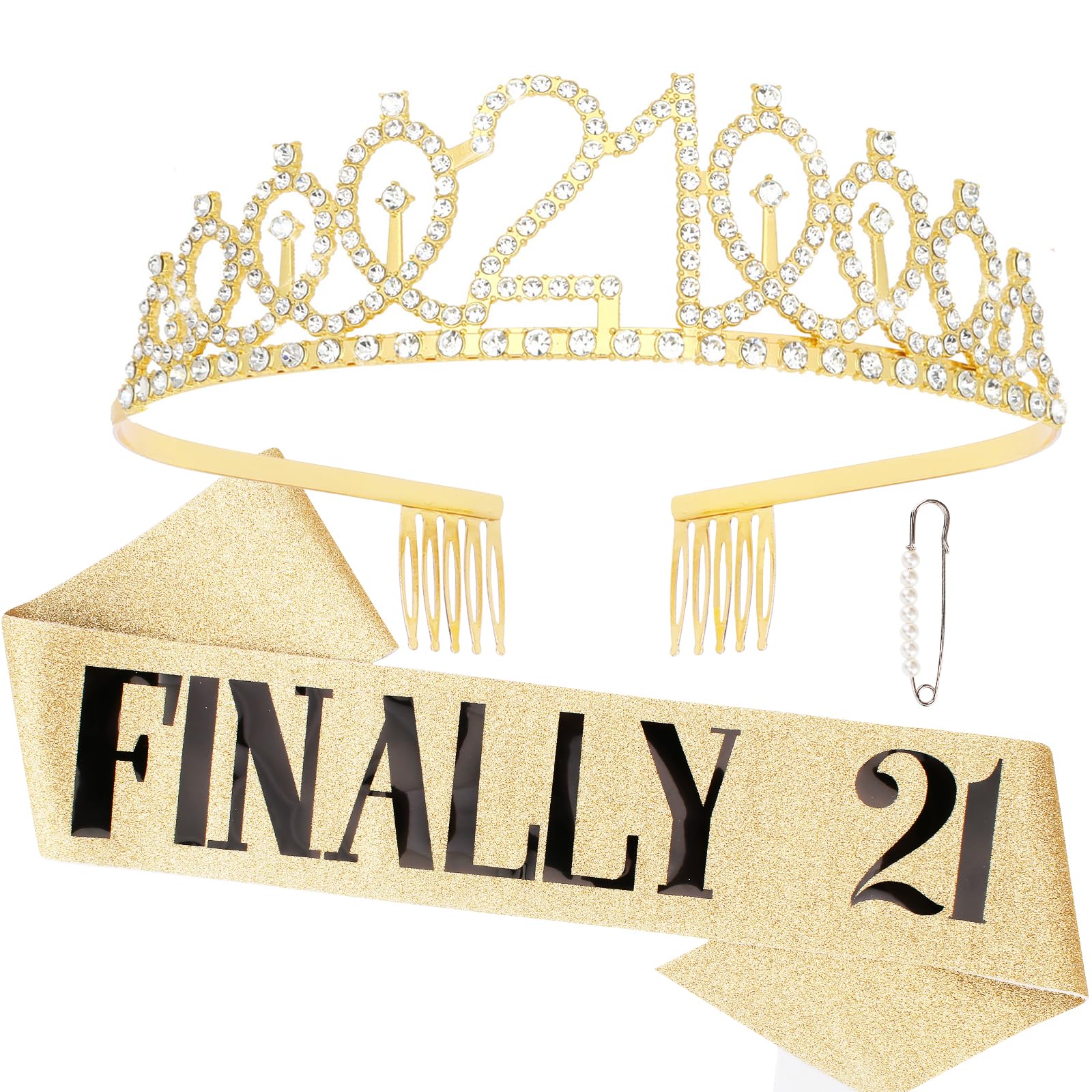 CAVETEE Gold 21st Birthday Sash and Crown Set - Queen Tiara and Sash for Women's Birthday Decorations