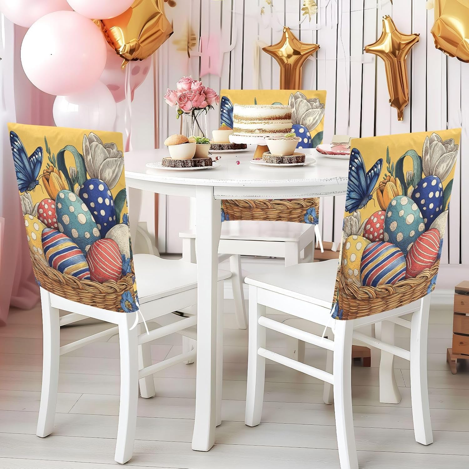 ALAZA Vintage Easter Eggs Flowers Butterfly Chair Back Cover Set of 6, Washable Reusable Removable Chair Slipcovers Decorative Chair Cover for Home Kitchen Wedding Party
