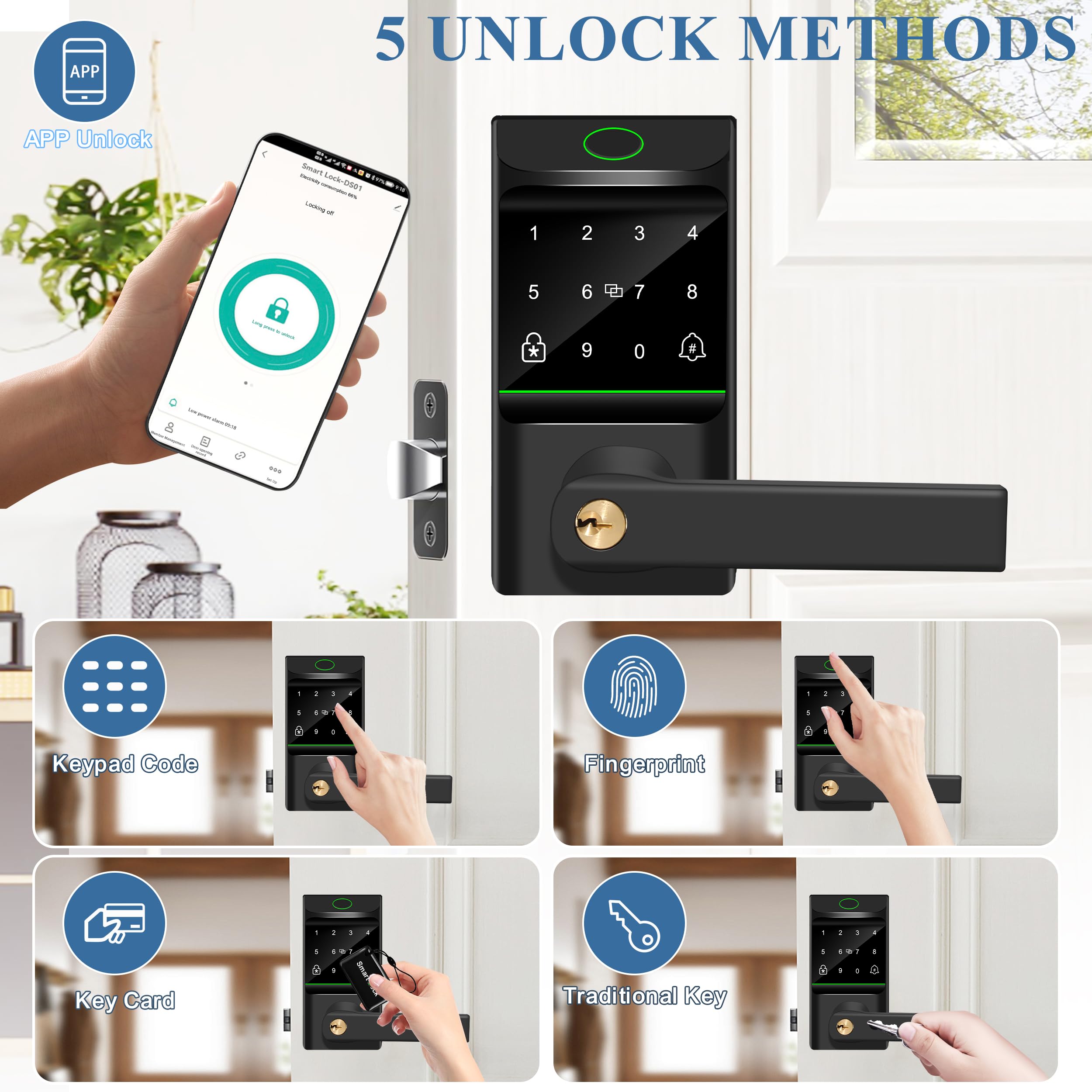 Serrure de porte automatique à entrée sans clé, serrure intelligente avec bouton de porte, empreinte digitale biométrique, code de passe, clavier électronique, contrôle par application pour jardin