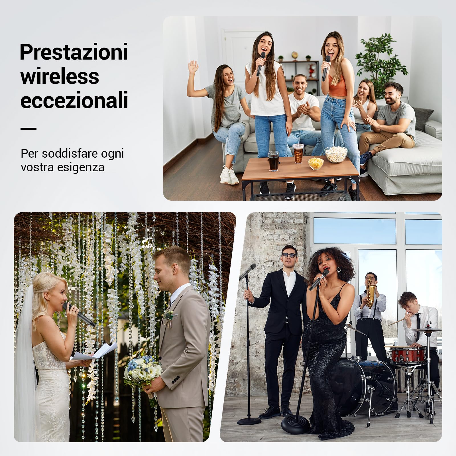 TONOR Microfoni senza fili, Cordless Dual Handheld Dynamic Karaoke Singing Mic System con Ricevitore per Karaoke, Home KTV, Matrimonio, Festa, Chiesa, 2x5 UHF Frequenze Regolabili, 60M TW450 Grigio
