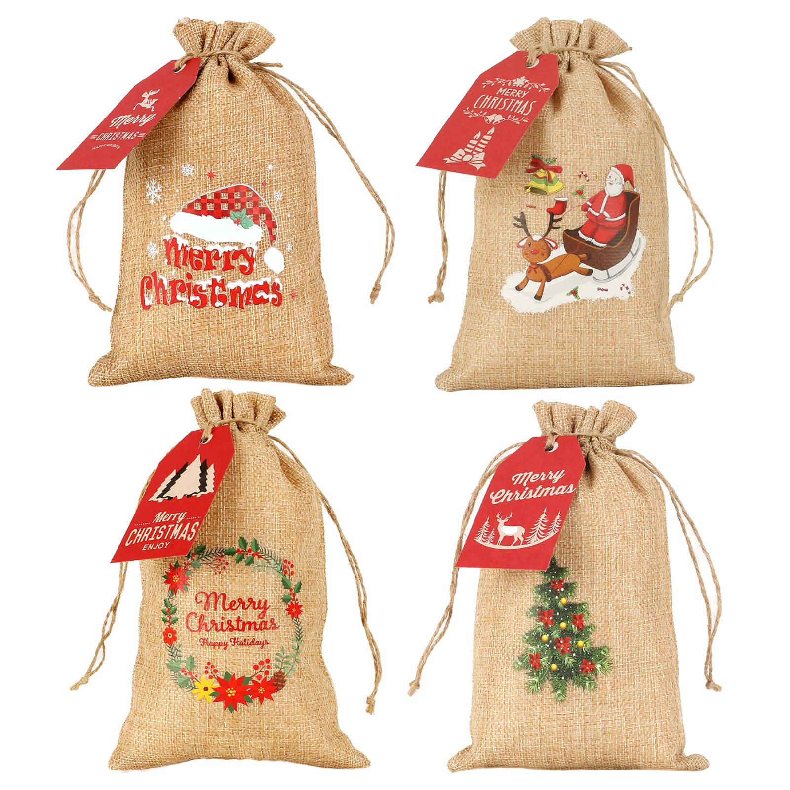 TapleapBurlap Coth Christmas Bags with Drawstring, 5x8 Inches (Lot of 40) with Tags, String, for Wrapping Christmas Party Favors or Gifts for Coworkers, Classmates, and Friends