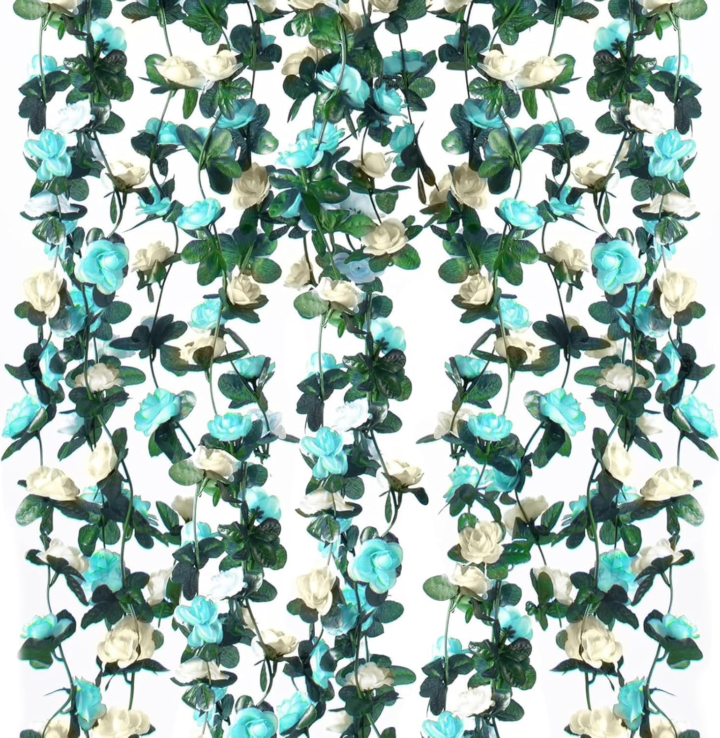 Yoolly 6 Pack 49FT Artificial Fake Rose Garland, Artificial Flower Vine Hanging Rose Garlands for Outdoor Indoor Wedding Wall Badroom Decoration (White Blue) — image 1