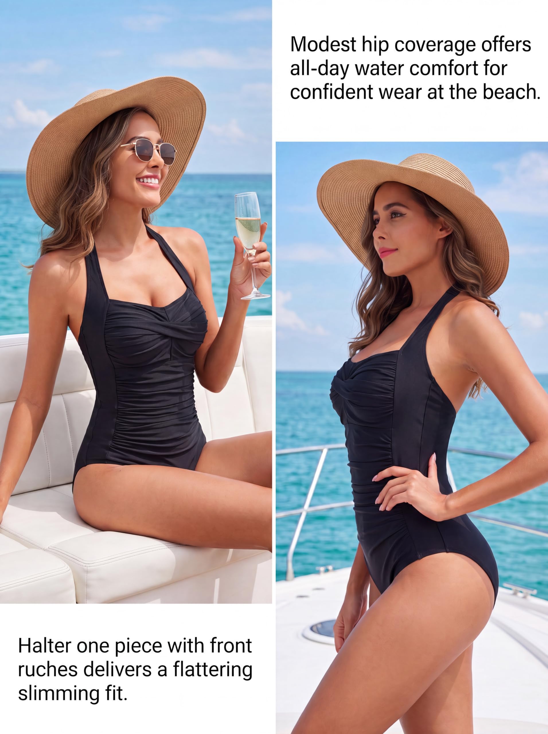 Smismivo Maillot de Bain Une pièce pour Femme Le contrôle du Ventre Push up Maillot de Bain Femme 1 Pieces Amincissante Slim Elégant Vintage Ruché Effet Halter Rembourré Swimsuit Noir