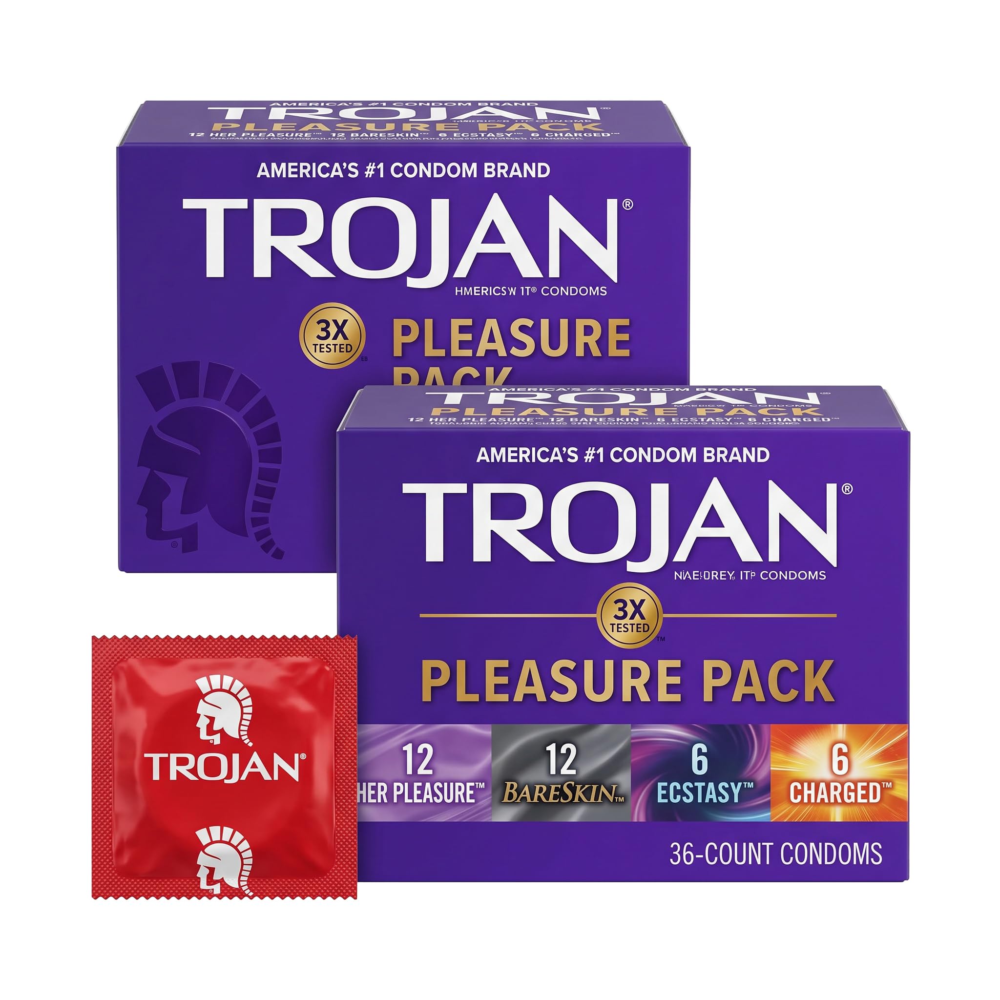 Trojan Pleasure Pack, Assorted Latex Lubricated Condoms for Men, Her Pleasure, Bareskin Studded, Ecstasy &amp; Charged Varieties, Condom Variety Pack 36 Count (Pack of 2)