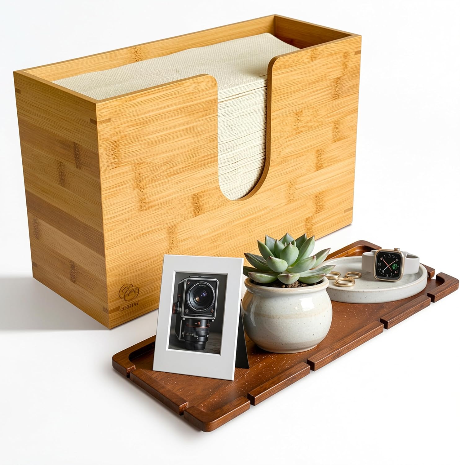 Bamboo Paper Towel Dispenser with Lid, Countertop Holder for Folded Towels | Holds Multifold & Trifold Towels, Wooden Napkin Dispenser Box with Easy-Access Slot for Kitchen, Bathroom, Office