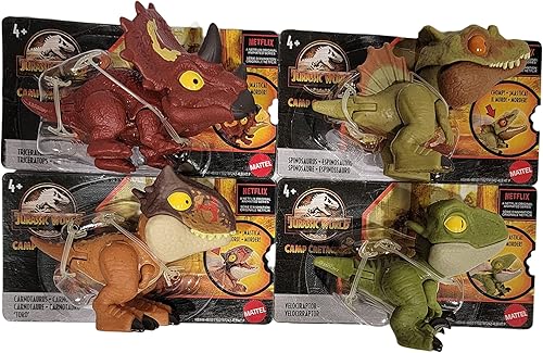 Jurassic World Juego de 4 figuras de Camp Cretaceous Snap Squad 2021 (Carnotaurus, Spinosaurus, Triceratops, Velociraptor) de GKX72-956J Release
