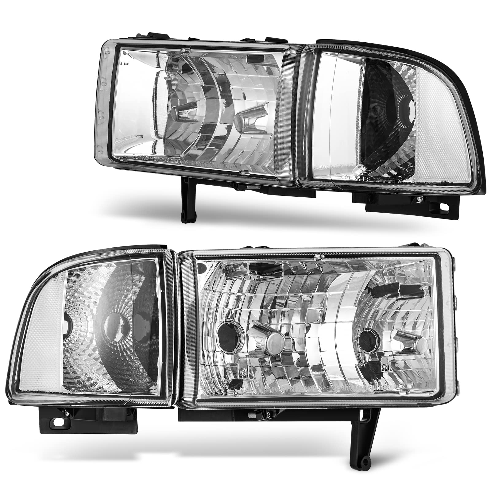 Photo 1 of DWVO Headlights Assembly Compatible with 1994-2001 Dodge Ram 1500/1994 1995 1996 1997 1998 1999 2000 2001 2002 Dodge Ram 2500 3500 Replacement Headlamps Chrome Housing Clear Reflector Clear Lens OE - Chrome/Clear/Clear