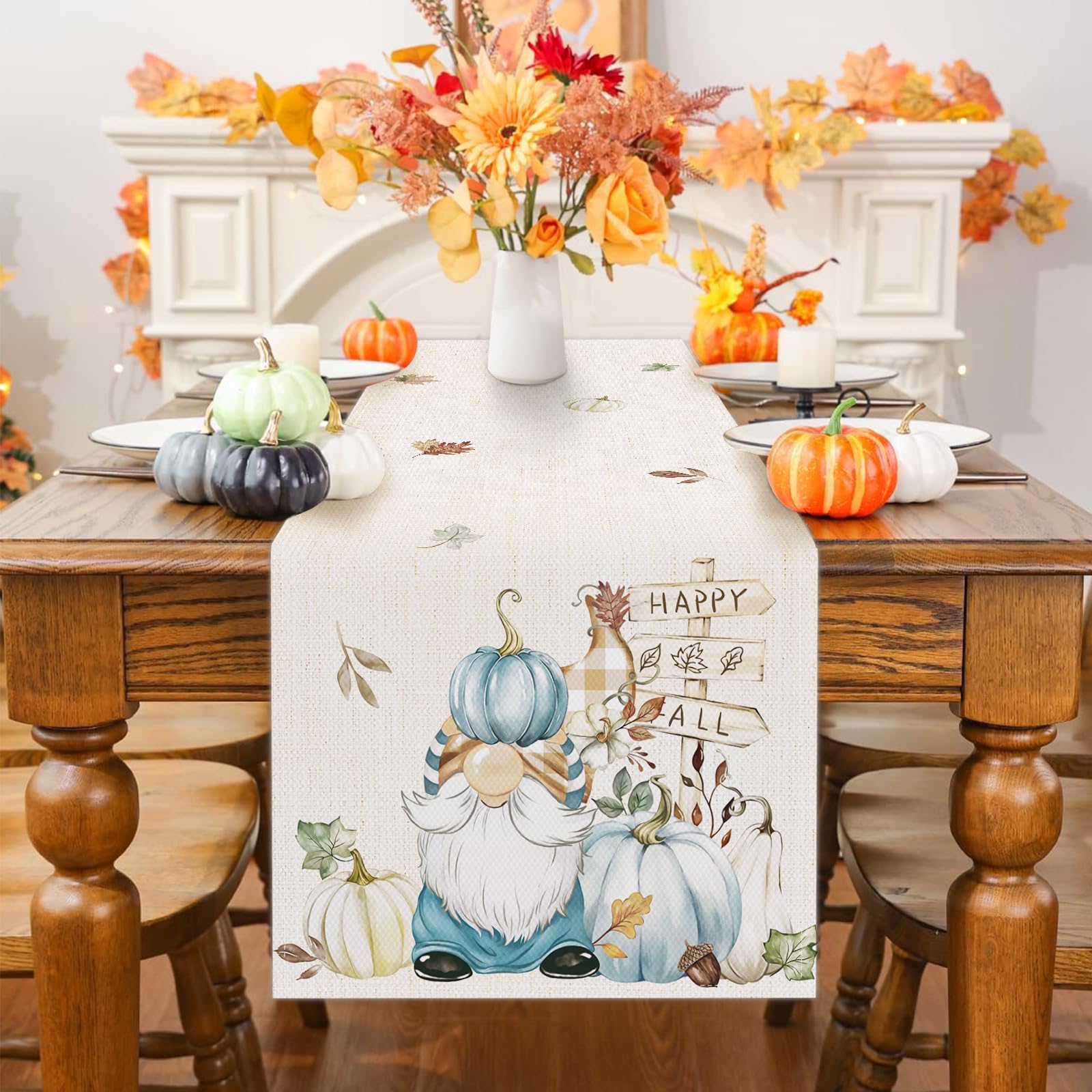 Camino De Mesa Otoñal Con Gnomo Y Calabazas - 33x183 Cm, Poliéster, Decoración Para Acción De Gracias Y Otoño