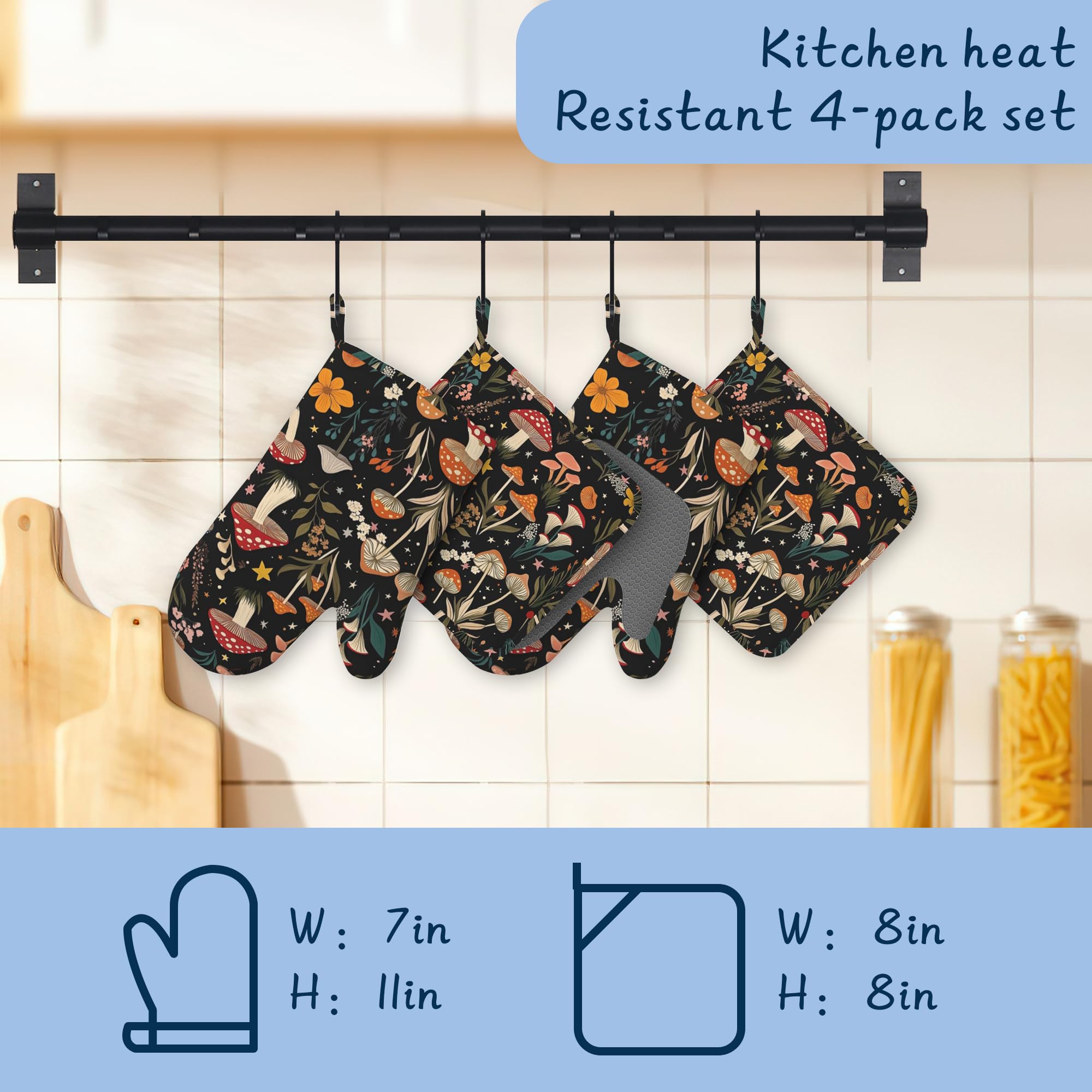 Juego de manoplas de cocina, juego de guantes de horno y soportes para ollas, de algodón grueso, resistente al calor, rústico, floral, soporte para sartén caliente, guantes de cocina extralargos para
