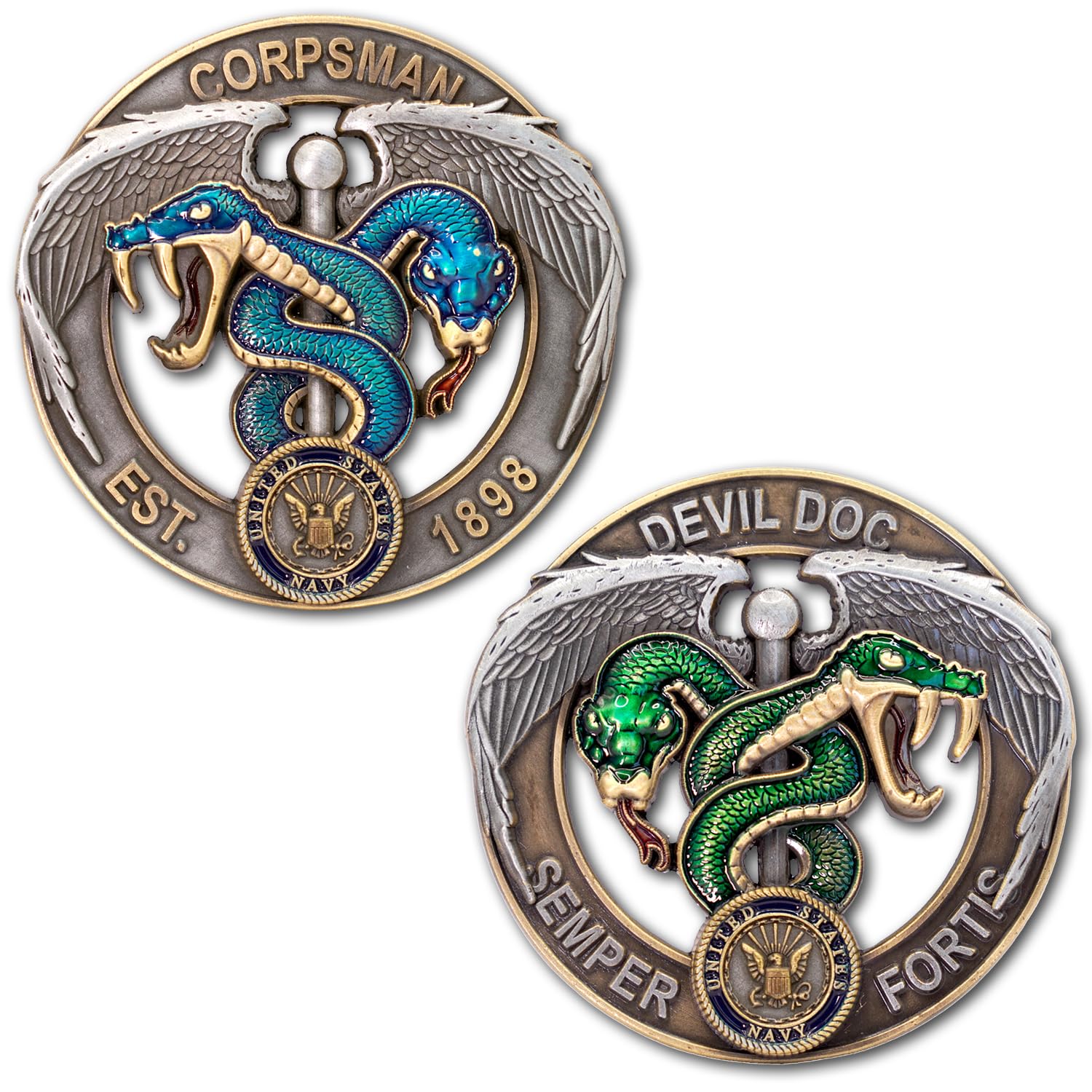 US Navy Corpsman Devil Doc Green Blue Caduceus Flip Collectible Challenge Coin