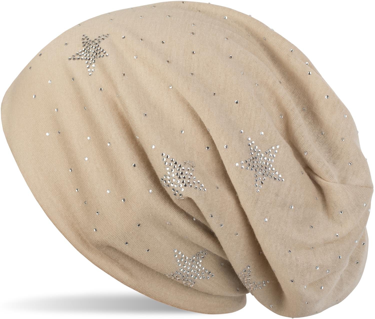 Stylebreaker Women's Beige Beanie Hat With Rhinestone Stars And All-Over Rhinestones, Slouch Long Beanie, 04024116, Colour: