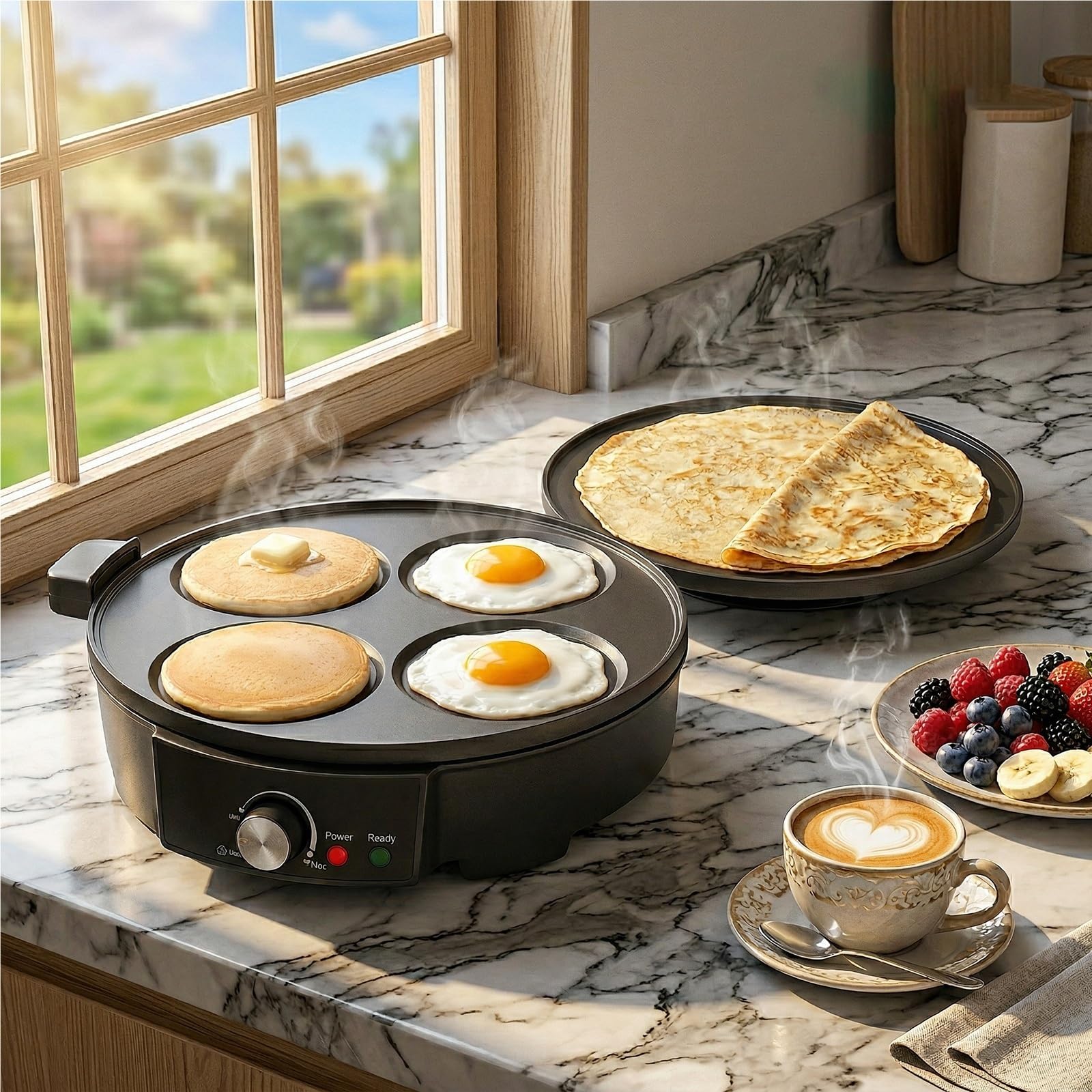Crepera Electrica de 4 Huecos con Plancha Antiadherente Control de Temperatura 1200W Maquina de Tortitas para Pancakes Huevos Blinis Tortillas Maquina de Desayuno para Cocina Hogar